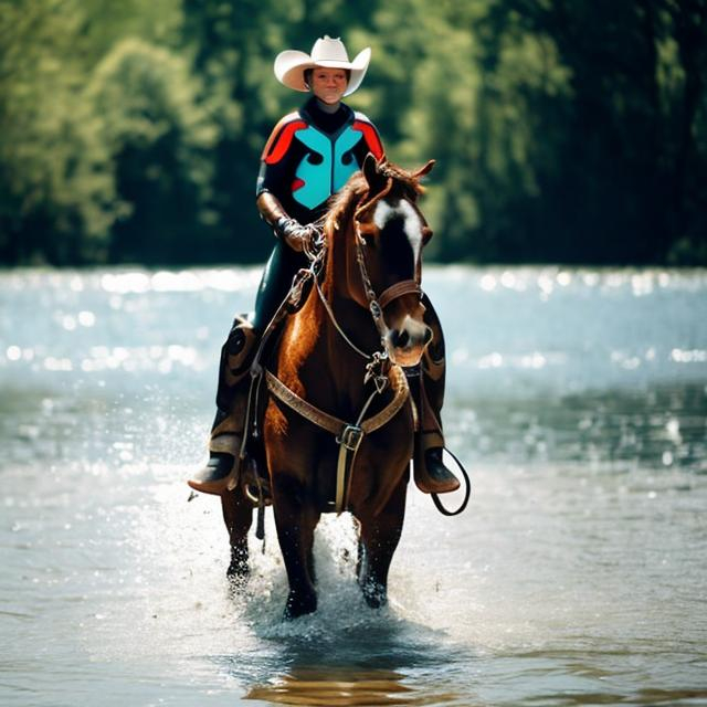 Prompt: I cowboy riding a horse scared of water, wearing a scuba suit crossing a river