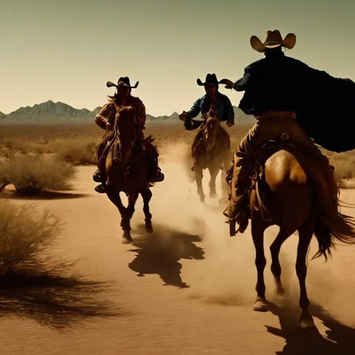 Prompt: Cowboy in the desert, being chased by three witches