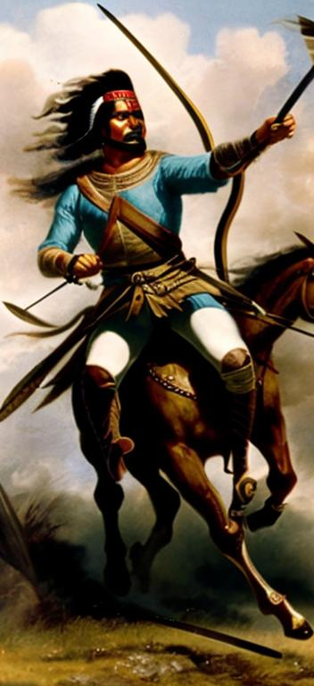 Prompt: Comanche warrior shooting an arrow on horseback at full speed