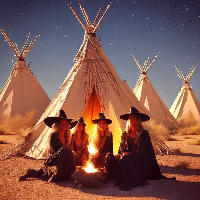 Prompt: Three witches in the desert at night in front of teepees sitting around a fire, applying suntan lotion on each other