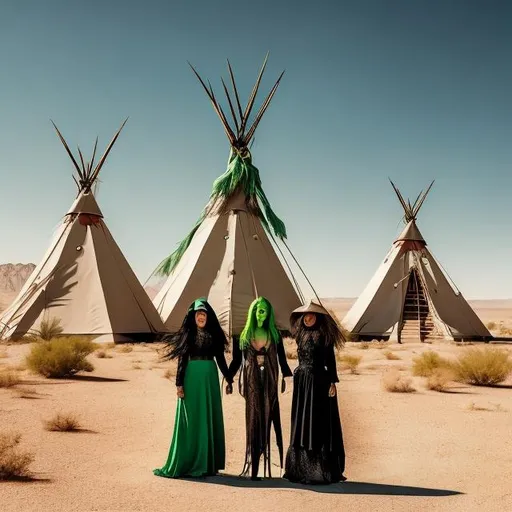 Prompt: Two witches in the desert in front of teepees with a green alien locked up in one of the teepees