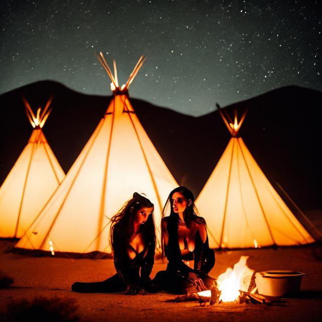 Prompt: Vampire women in the desert in front of their Teepee warming up a bath over a fire