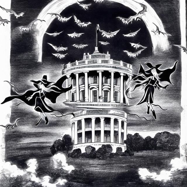 Prompt: Witches flying over the White House