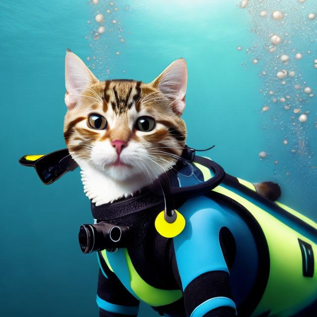 Prompt: Cat under the ocean in a scuba suit