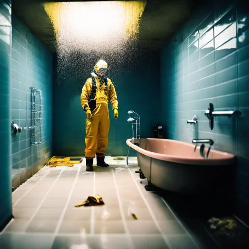Prompt: Maintenance man under the water in a bathroom