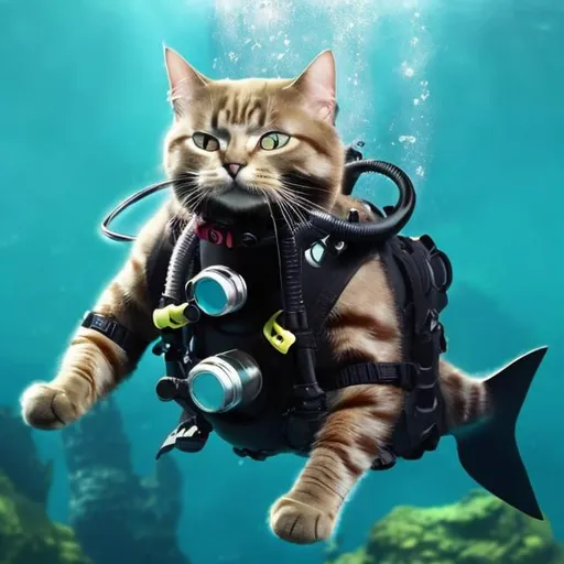 Prompt: Cat, with a breathing apparatus in his mouth under the water with diving flippers  on his feet