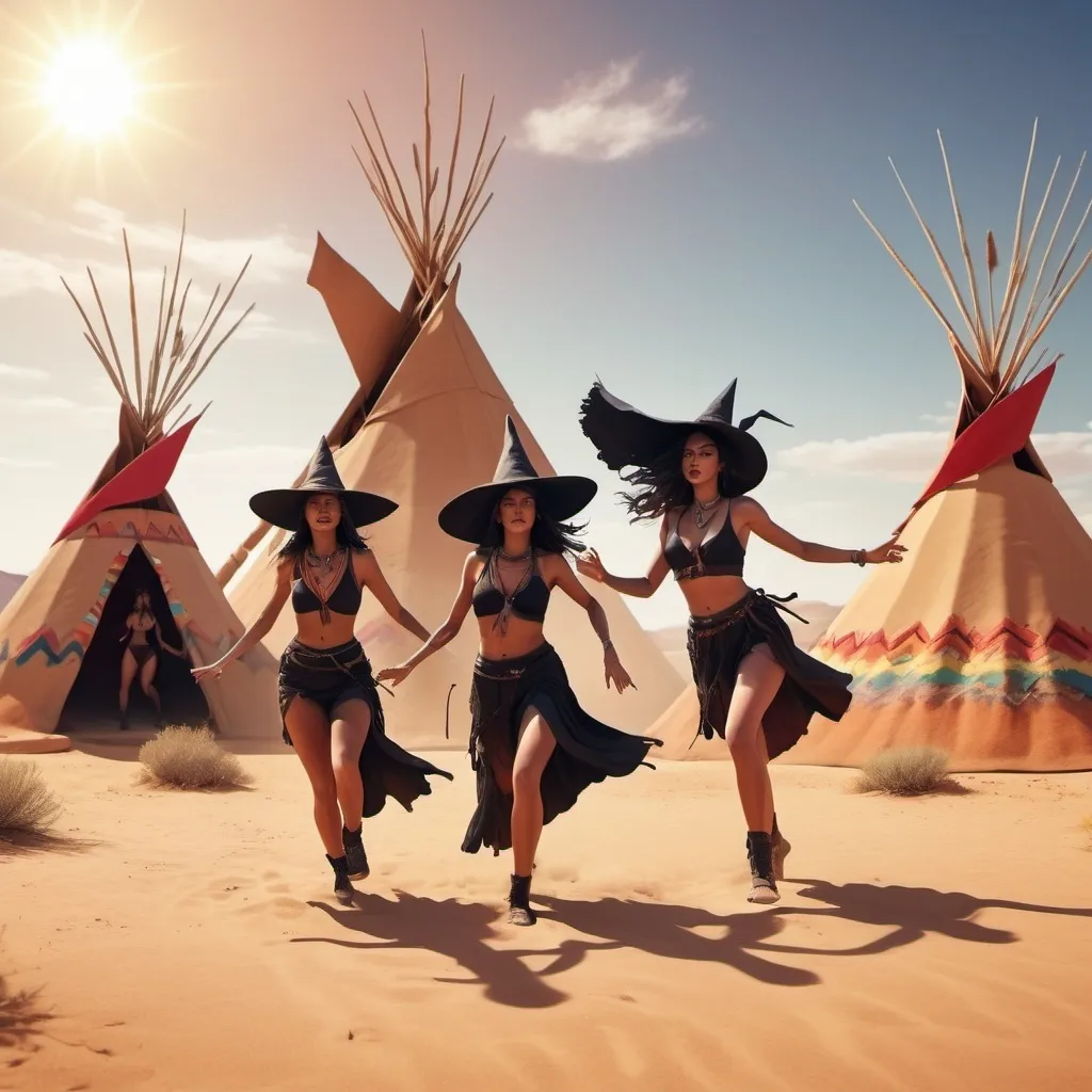 Prompt: Three witches in the desert in front of teepees doing aerobics