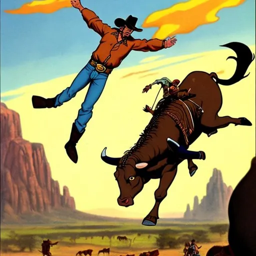 Prompt: Cartoon Western, looking, cowboy, being thrown off of a Brahma bull high in the air, we can see the curvature of the Earth