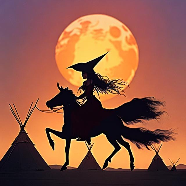 Prompt: A witch riding her broom over a bunch of teepees in the desert sands