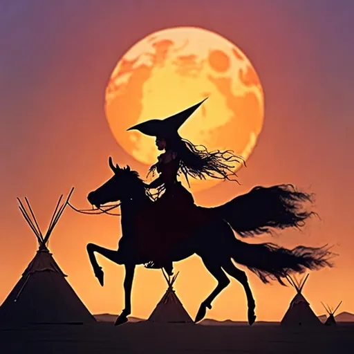 Prompt: A witch riding her broom over a bunch of teepees in the desert sands