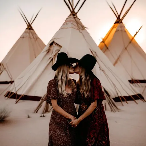 Prompt: Two witches in the desert in front of teepees passionately, kissing each other