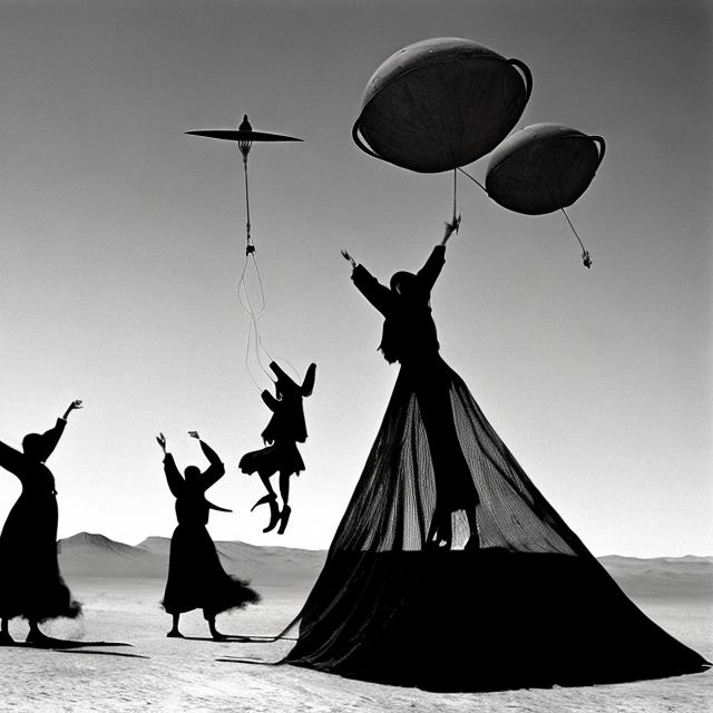 Prompt: Witches in the desert on the broomsticks in the air, trying to capture a UFO with nets