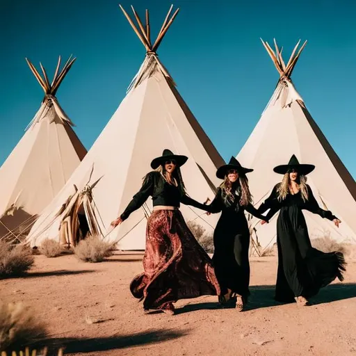 Prompt: Three beautiful witchy women in the desert dancing in a circle holding hands  in front of teepees