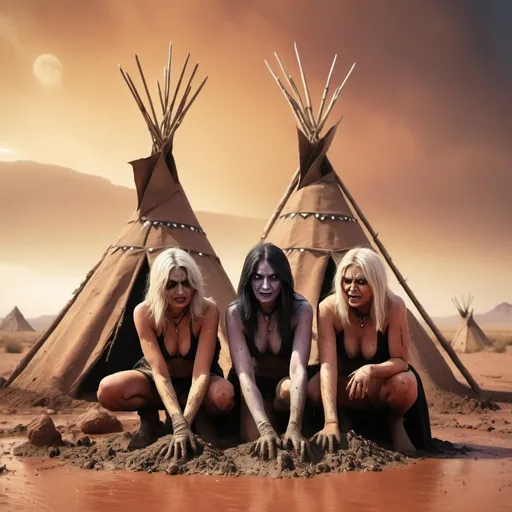 Prompt: Three witches mud wrestling in the desert, teepees in the background, dusty and rugged, high quality, vibrant and surreal, mystical and eerie vibe, desert color palette, dramatic and intense lighting, 3D rendering, detailed facial expressions, magical atmosphere