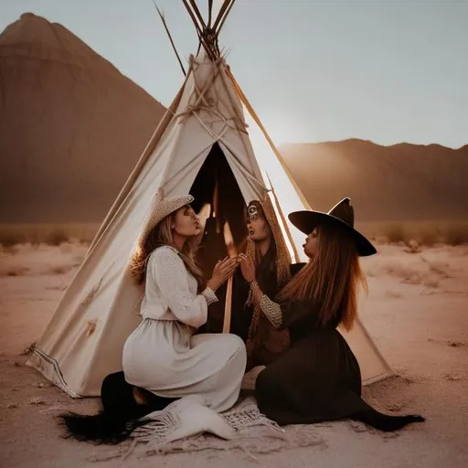 Prompt: Two witches in the desert in front of a Teepee passionately, grabbing each othe