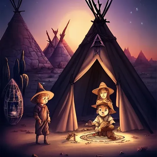 Prompt: A witch, looking in a crystal ball, and a little boy in the desert in front of a Teepee