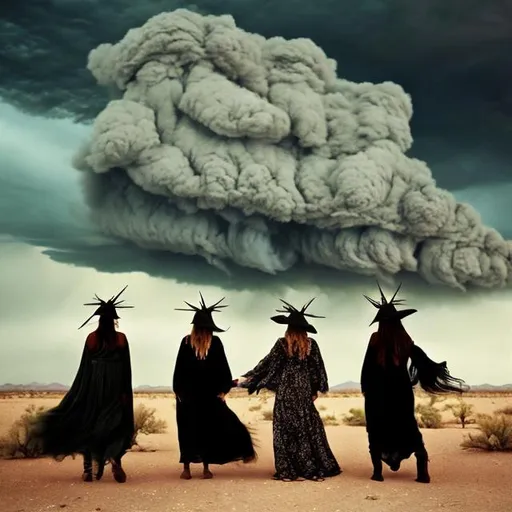 Prompt: Three witches in the desert in front of teepees with a dark cloud over the top of them and lightning coming out of their fingertips