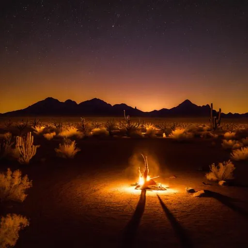 Prompt: Which is in the desert at night time dancing around a bonfire with  coyotes howling in the background