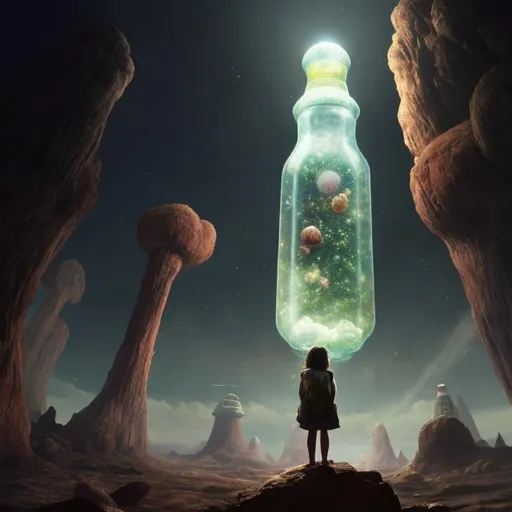 Prompt: A little boy standing in a giant bottle, looking up at the top of it. All he sees, is an open top in the sky no way out.