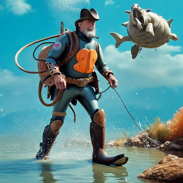 Prompt: Cartoon of an old western looking cowboy, crossing a river with his horse, he sprayed water, so he’s wearing a scuba suit with the flippers sticking out of his stirrups