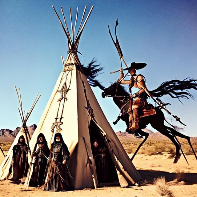 Prompt: Witches is riding off to battle in the desert in front of the Teepee