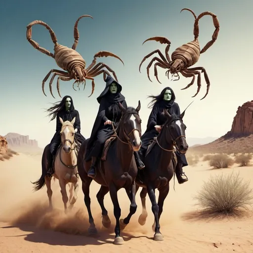 Prompt: Three witches in the desert on a horse back chasing a giant scorpion