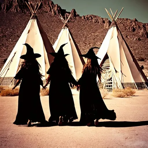 Prompt: Three witches in the desert in front of teepees Caren pics