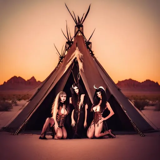 Prompt: Vampire witches in the desert in front of their Teepee surrounding a man