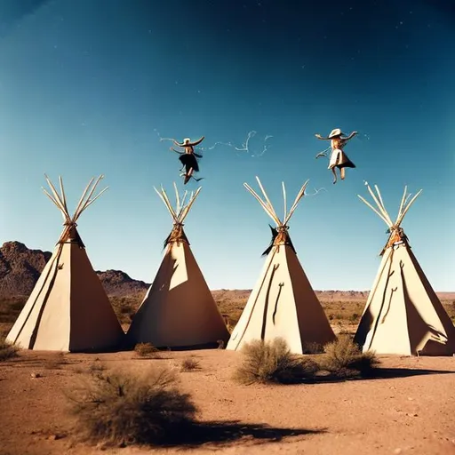 Prompt: Three witches in the desert in front of teepees, jumping on their brooms to fly off in the air