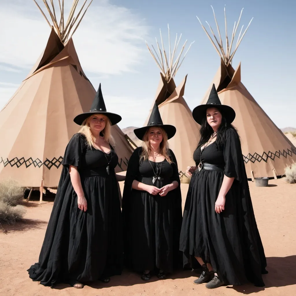 Prompt: Three witches in the desert in front of teepees doing set ups