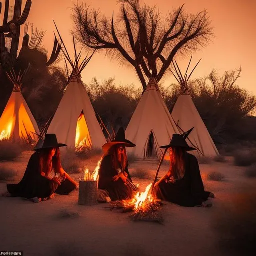 Prompt: Three witches in the desert at night in front of teepees sitting around a fire, applying suntan lotion on each other