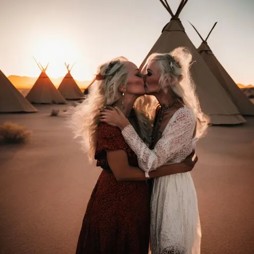Prompt: Two witches in the desert in front of teepees passionately, kissing each other