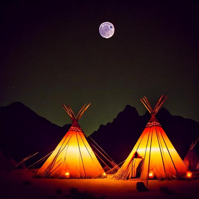 Prompt: Vampire witches in the desert at night with a full moon in front of the teepees, stirring a large black pot