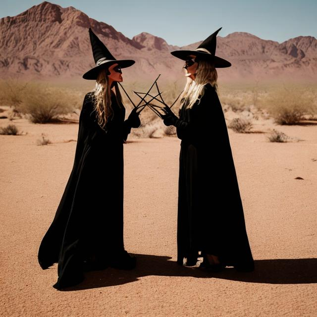 Prompt: Two witches in the desert standing in the middle of a pentagram