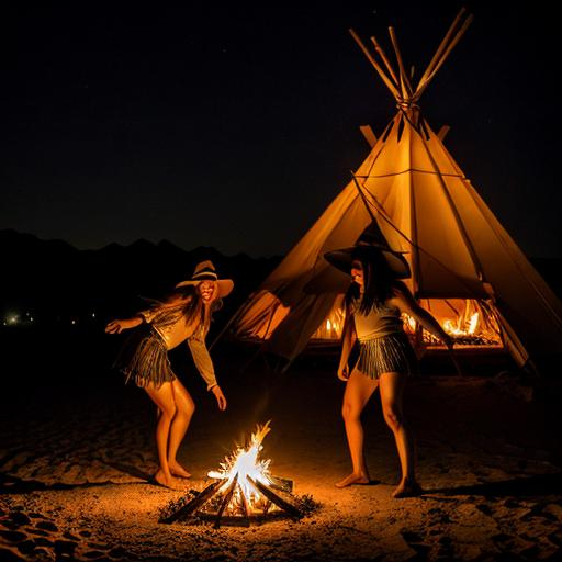 Prompt: Witches dancing around a fire at night in front of a Teepee in the desert