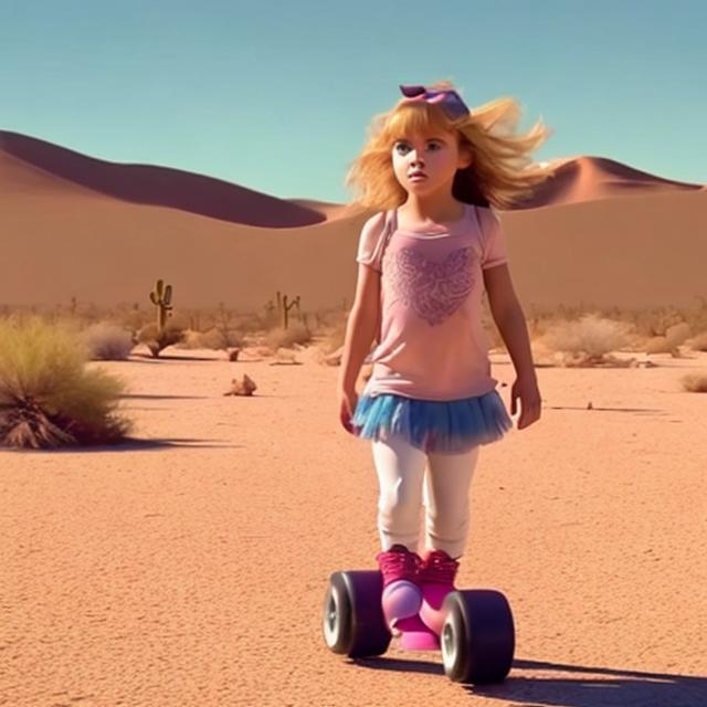 Prompt: Little girl in the desert on rollerskates with a shirt on this is a Penelope