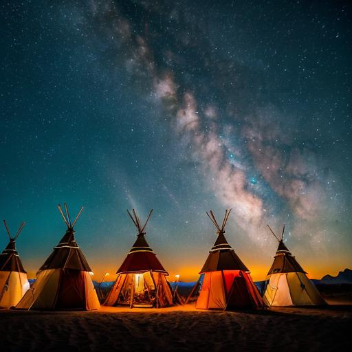 Prompt: Witches on broomsticks flying to desert camp, teepees, high quality, magical realism, warm tones, atmospheric lighting, magical, detailed desert landscape, intricate teepees, mystical, enchanting, professional, warm lighting, mystical sky, hauntingly beautiful