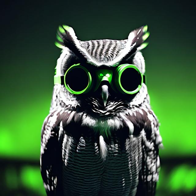 Prompt: One owl in the dark wearing night vision goggles