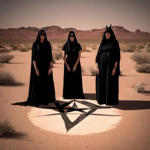 Prompt: A big pentagram in the desert, with three witches standing in front of it