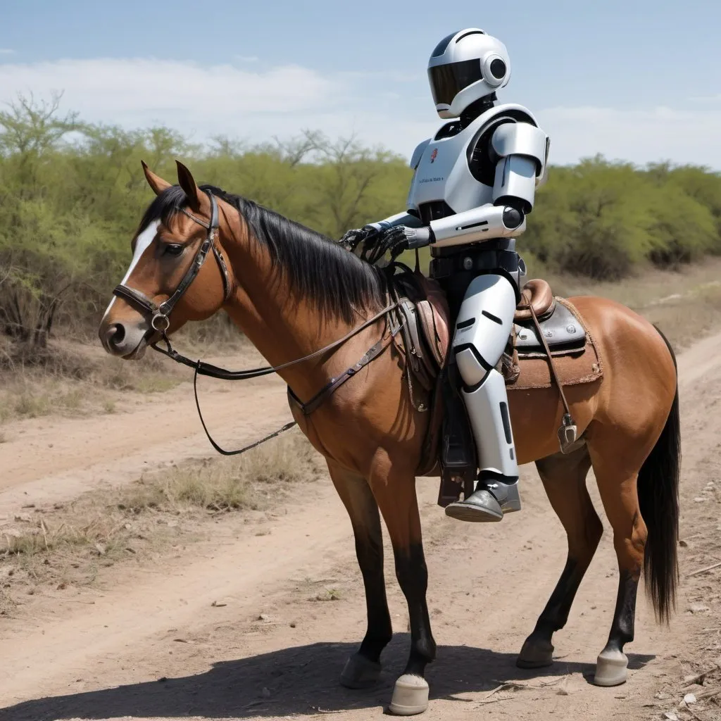 Prompt: Artificial, intelligent robots at the southern border in Texas on horseback