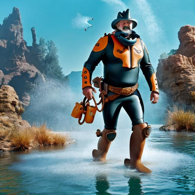 Prompt: Cartoon of an old western looking cowboy, crossing a river with his horse, he sprayed water, so he’s wearing a scuba suit with the flippers sticking out of his stirrups