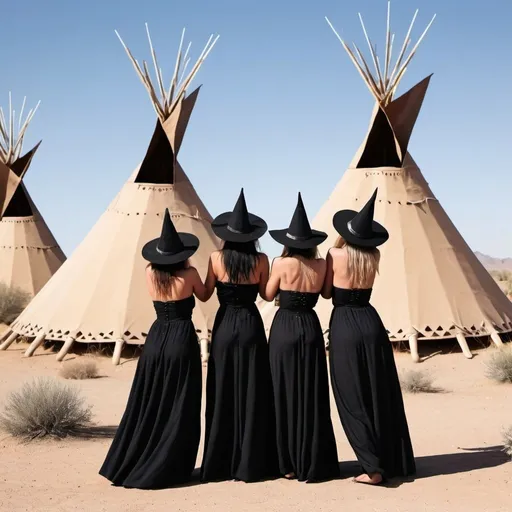 Prompt: Three witches in the desert in front of teepees rubbing each other’s asses