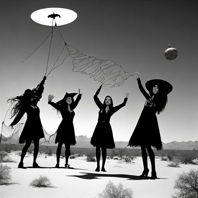 Prompt: Witches in the desert on the broomsticks in the air, trying to capture a UFO with nets