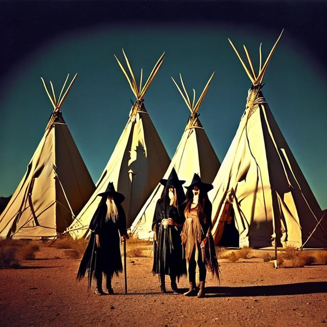 Prompt: Witches standing in front of teepees in the desert, stirring a big pot, evil looking witches