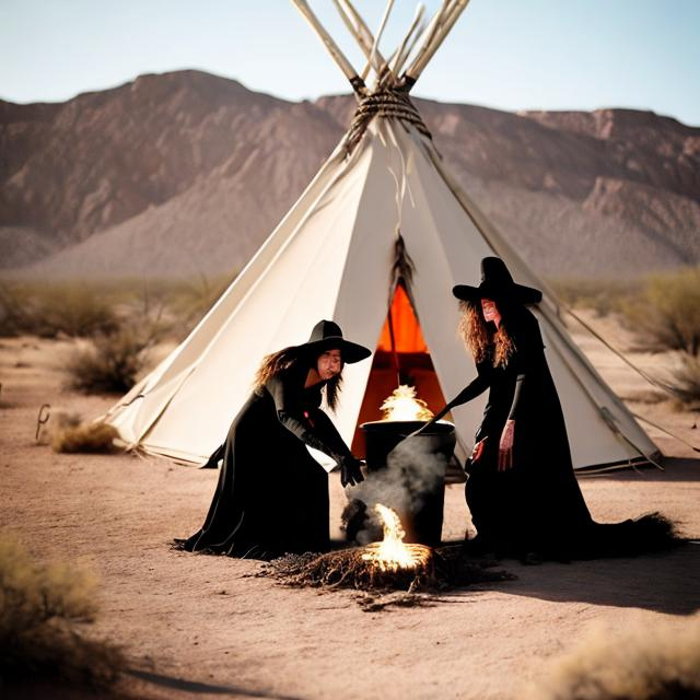 Prompt: witches  stirring a big black pot in the desert in front of a Teepee