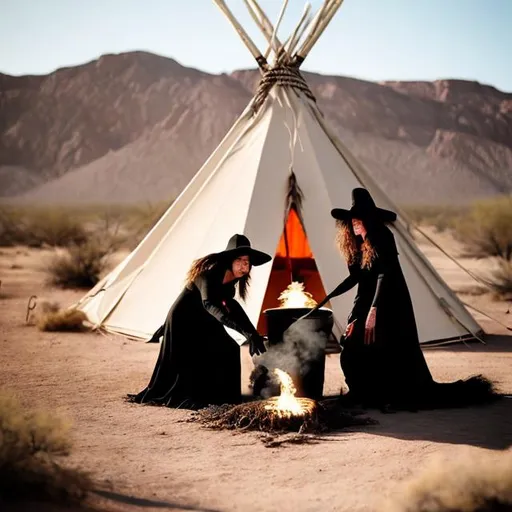 Prompt: witches  stirring a big black pot in the desert in front of a Teepee