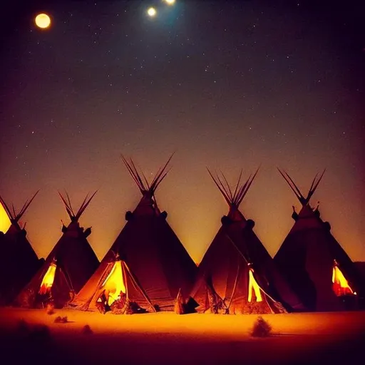 Prompt: Vampire witches in the desert at night with a full moon in front of the teepees, stirring a large black pot