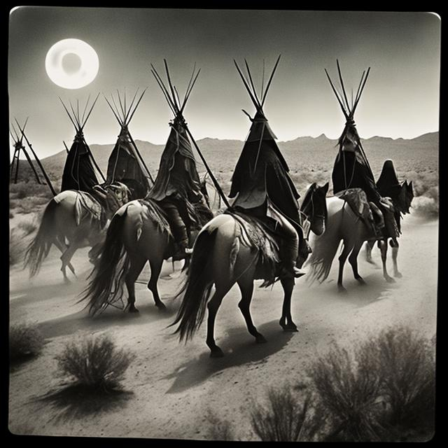 Prompt: Witches riding off to battle in the desert at night in front of  teepees