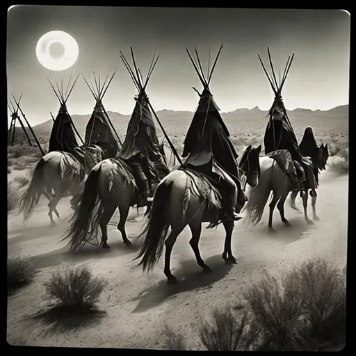 Prompt: Witches riding off to battle in the desert at night in front of  teepees