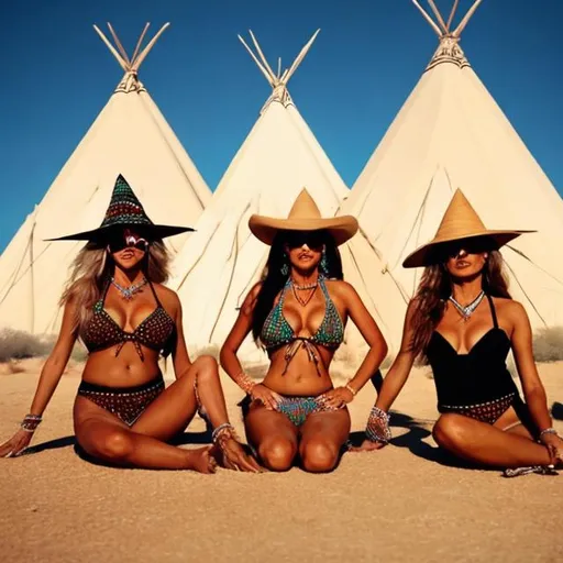 Prompt: Three witches in the desert in front of teepees, wearing bikinis lying on their belly sunbathing